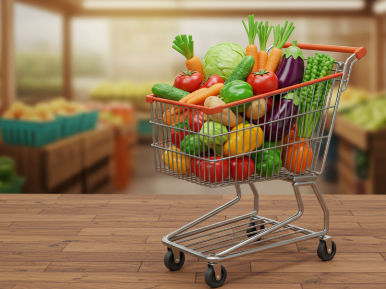 fresh fruits and veggies in cart on the table