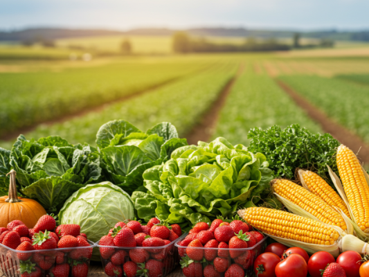 farm fruits and vegetables with farm backdrop