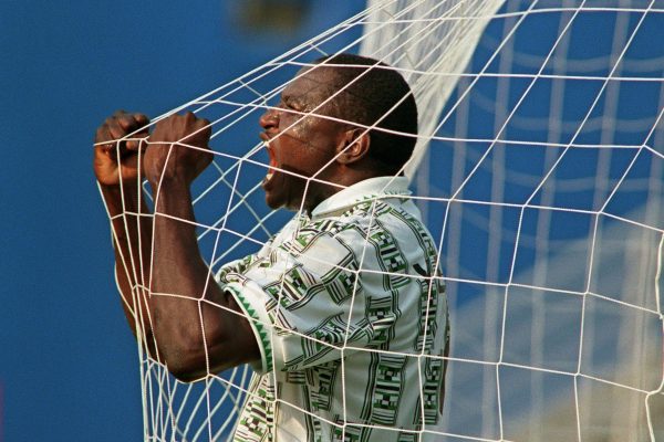 Rashidi Yekini scores Nigeria's first ever goal at a Fifa World Cup